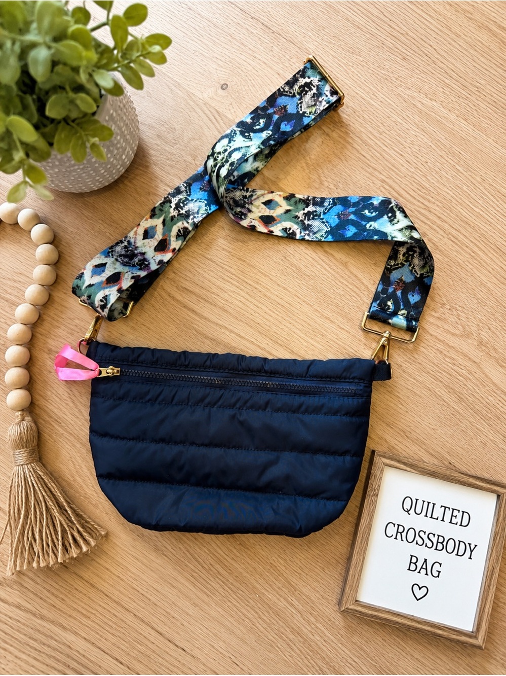 ✨ Quilted Navy Puffer Crossbody Bag | Colorful Adjustable Strap | Lightweight